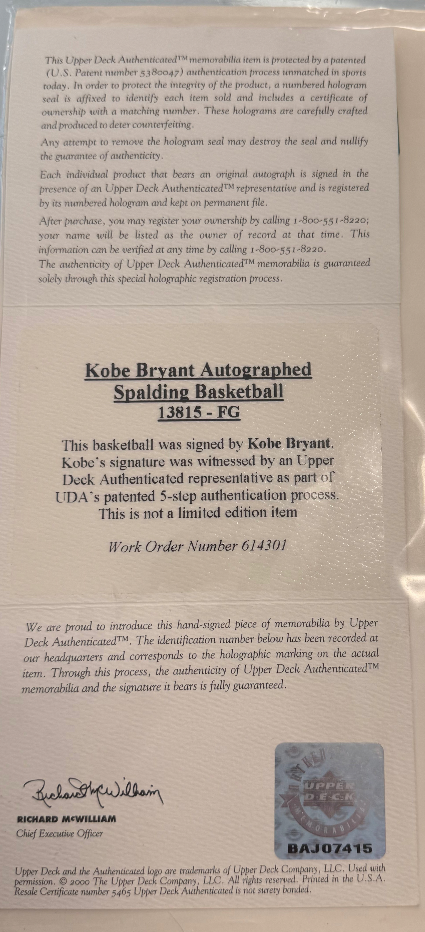 Kobe Bryant Autographed Spalding Basketball UDA Authenticated