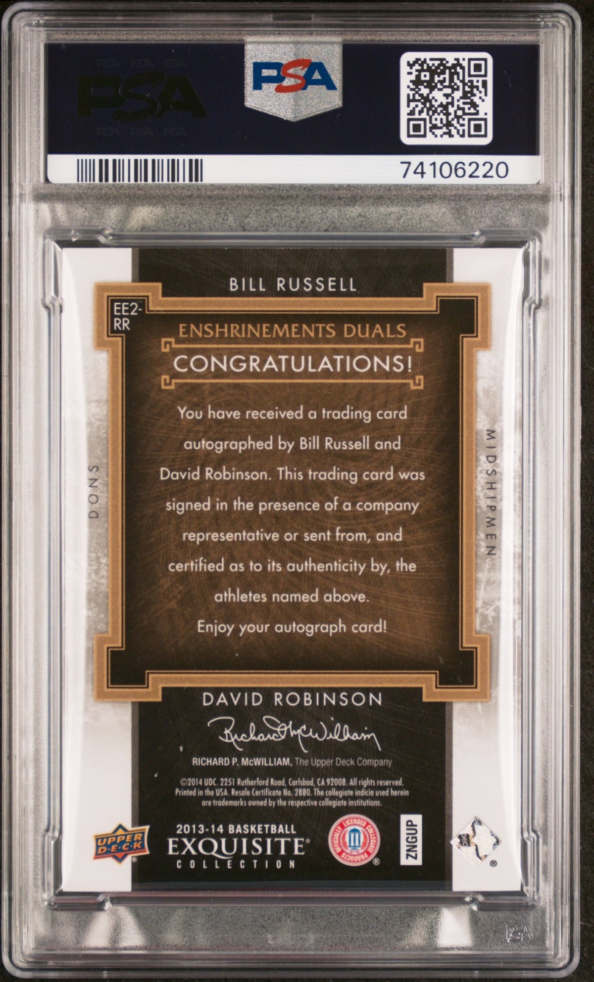 2013 Upper Deck Exquisite David Robinson Bill Russell /15 Auto PSA 8 Auto 10