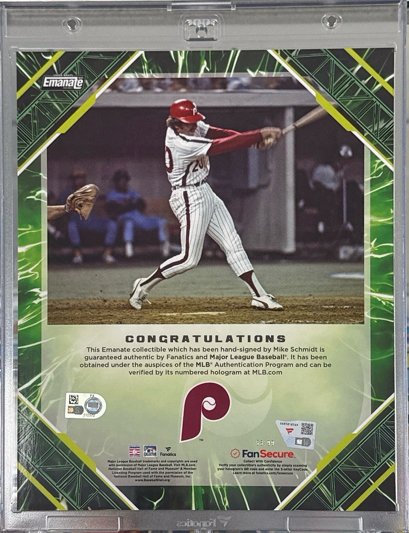 Mike Schmidt Fanatics Under Wraps Green Auto /99 8x10 Philadelphia Phillies