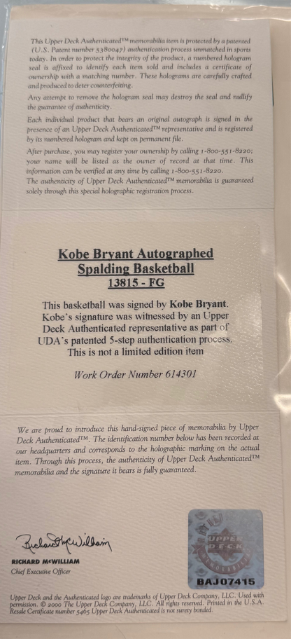 Kobe Bryant Autographed Spalding Basketball UDA Authenticated