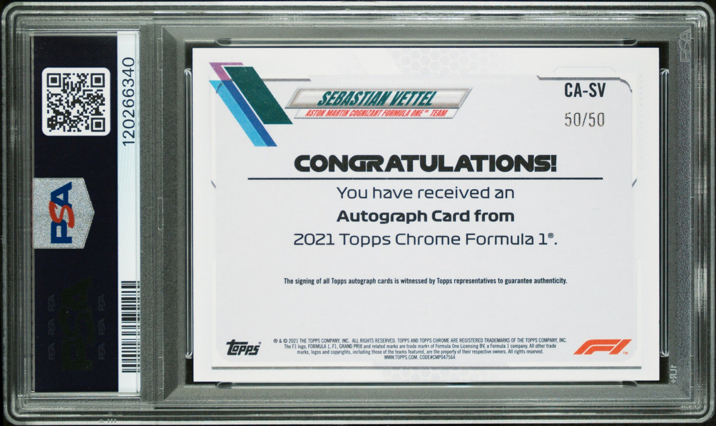 2021 Topps Chrome Formula 1 Sebastian Vettel Auto Gold Wave /50 PSA 10 Auto 10