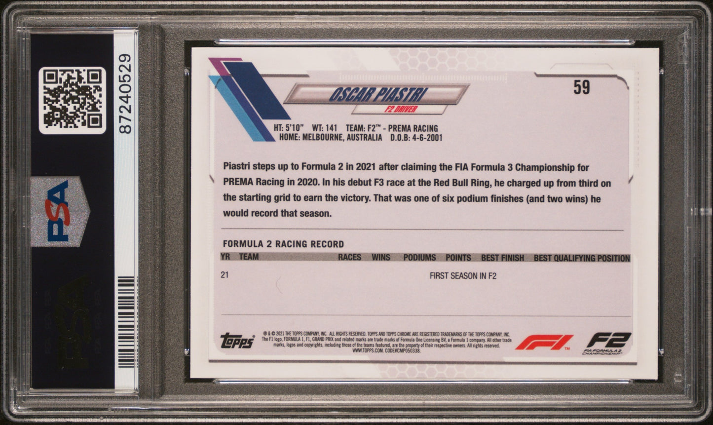 2021 Topps Chrome Sapphire Formula 1 Oscar Piastri Future Stars Rookie PSA 10