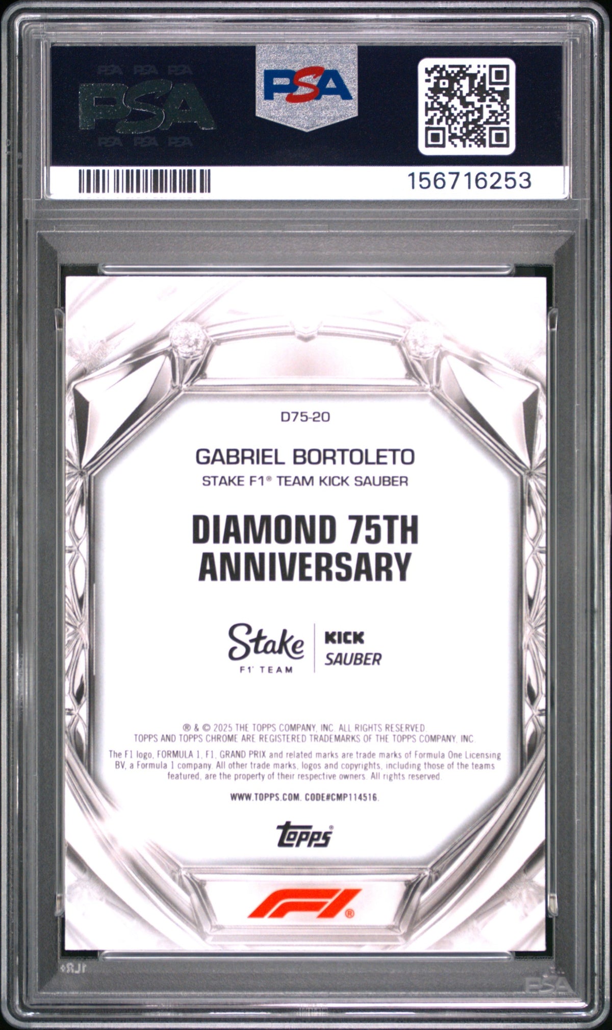2025 Topps Chrome Formula 1 Gabriel Bortoleto Diamond 75th Anniversary Rookie PSA 10