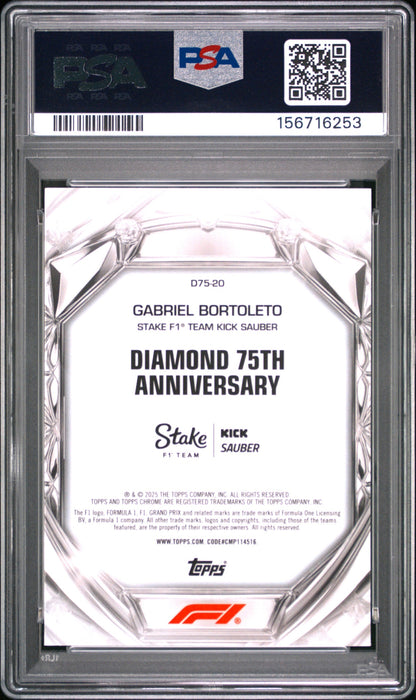 2025 Topps Chrome Formula 1 Gabriel Bortoleto Diamond 75th Anniversary Rookie PSA 10