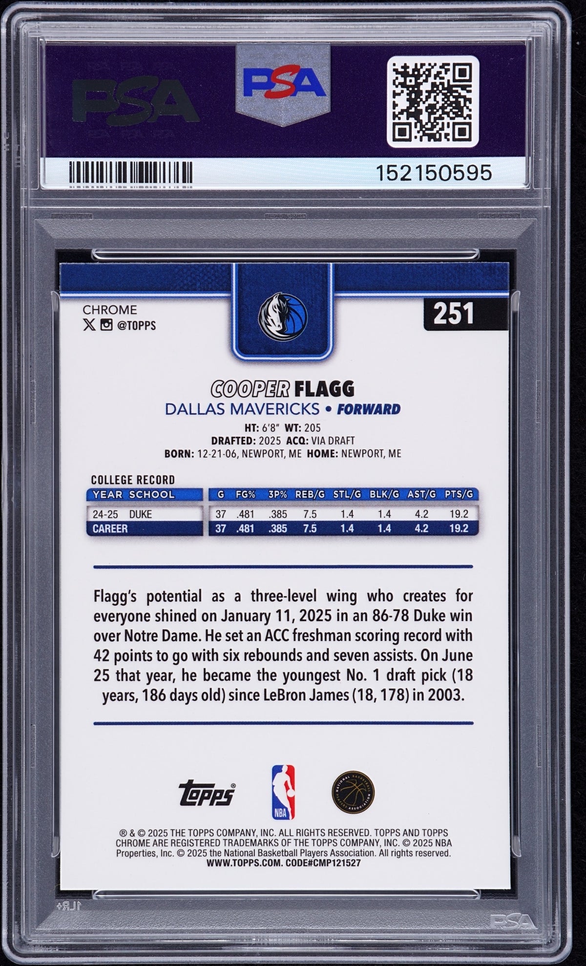 2025-26 Topps Chrome Cooper Flagg Blue Refractor 107/150 Rookie Mavericks PSA 9