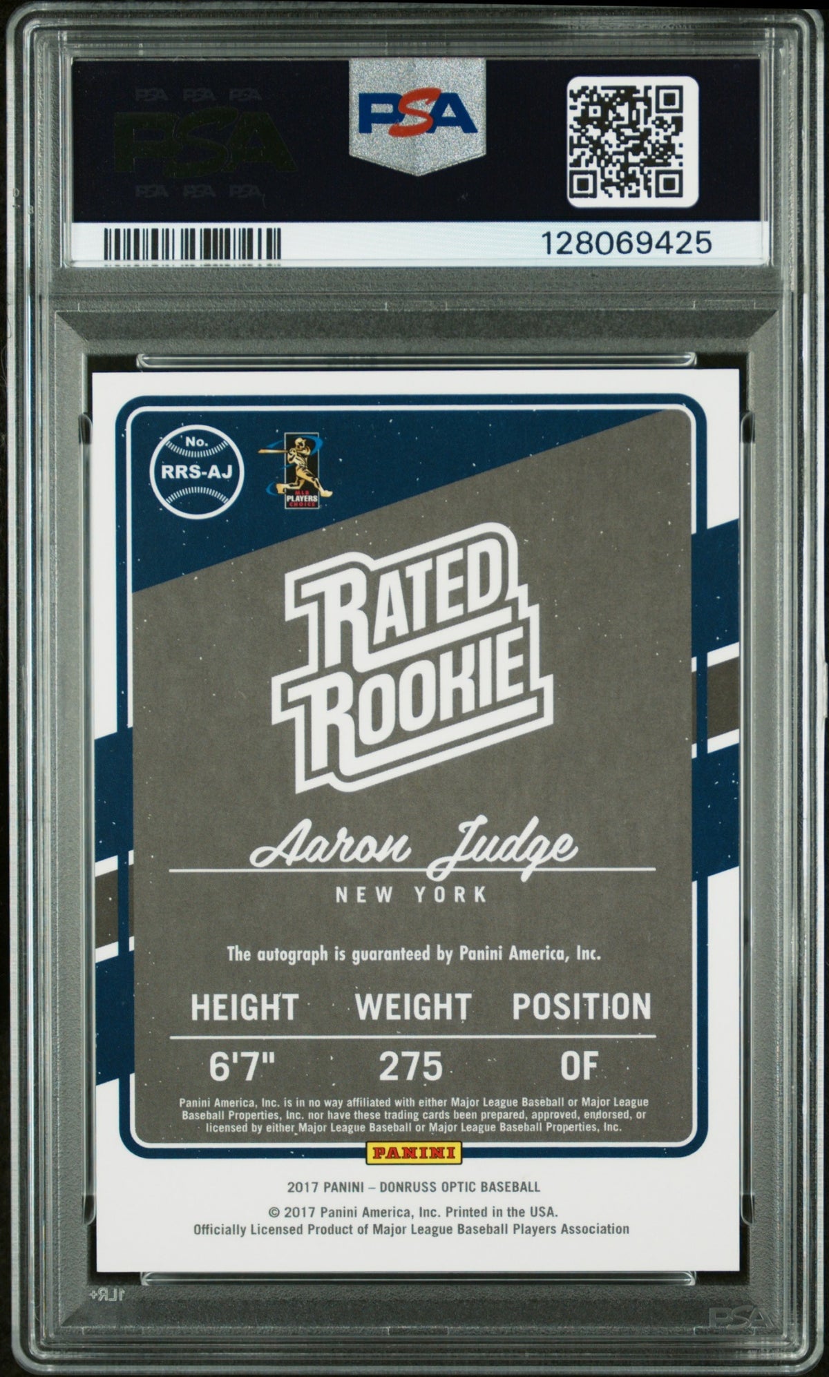 2017 Panini Donruss Optic Aaron Judge Rated Rookie Signatures PSA 8 Auto 10