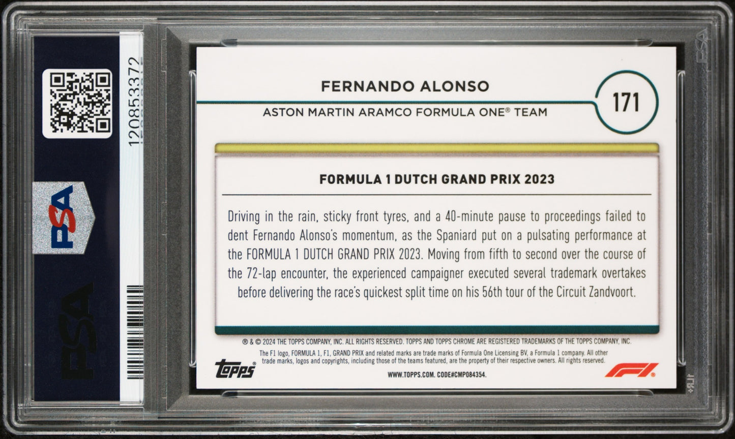 2024 Topps Chrome Sapphire Formula 1 Fernando Alonso Gold Refractor 21/50 PSA 9