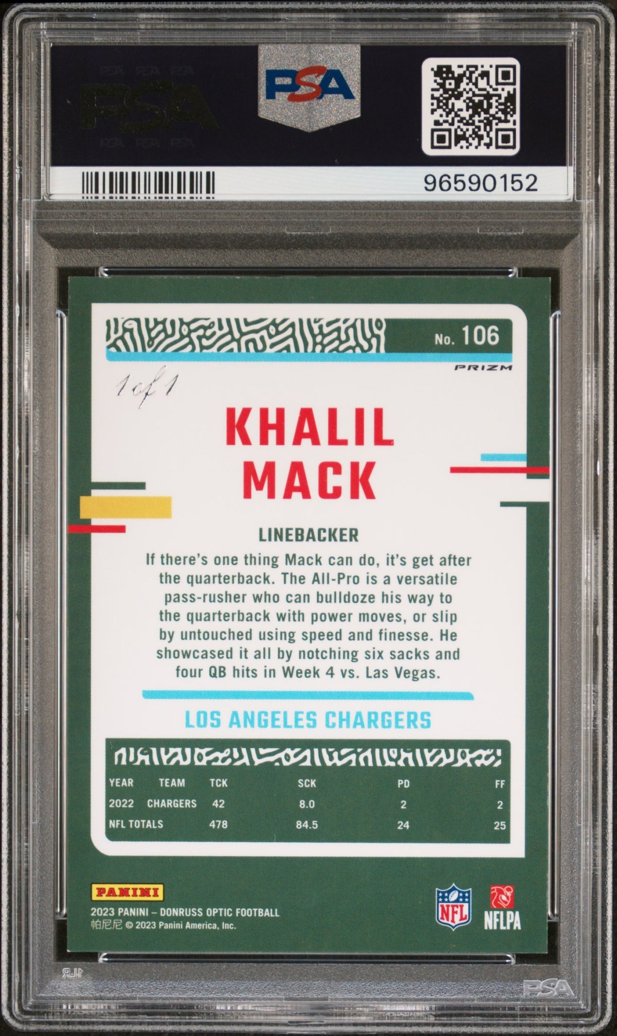 2023 Panini Donruss Optic Khalil Mack Gold Vinyl Prizm 1/1 Chargers PSA 9