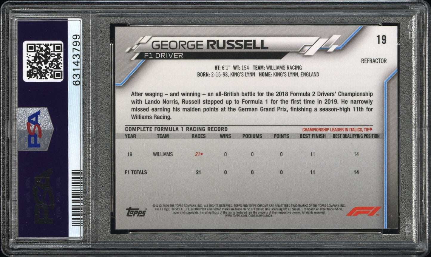 2020 Topps Chrome Formula 1 George Russell Refractor Portrait Rookie PSA 9