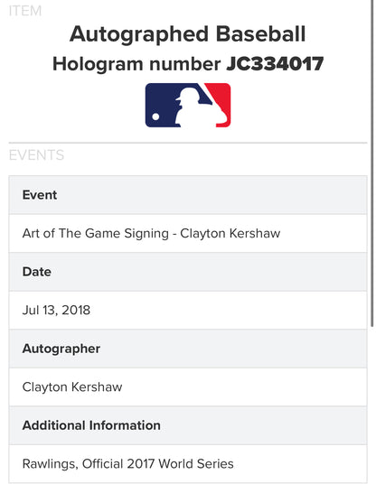 Clayton Kershaw Autographed 2017 World Series Baseball MLB Authenticated