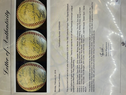 1982 California Angels Team Signed Baseball Authenicated by GAI