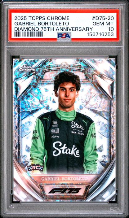 2025 Topps Chrome Formula 1 Gabriel Bortoleto Diamond 75th Anniversary Rookie PSA 10