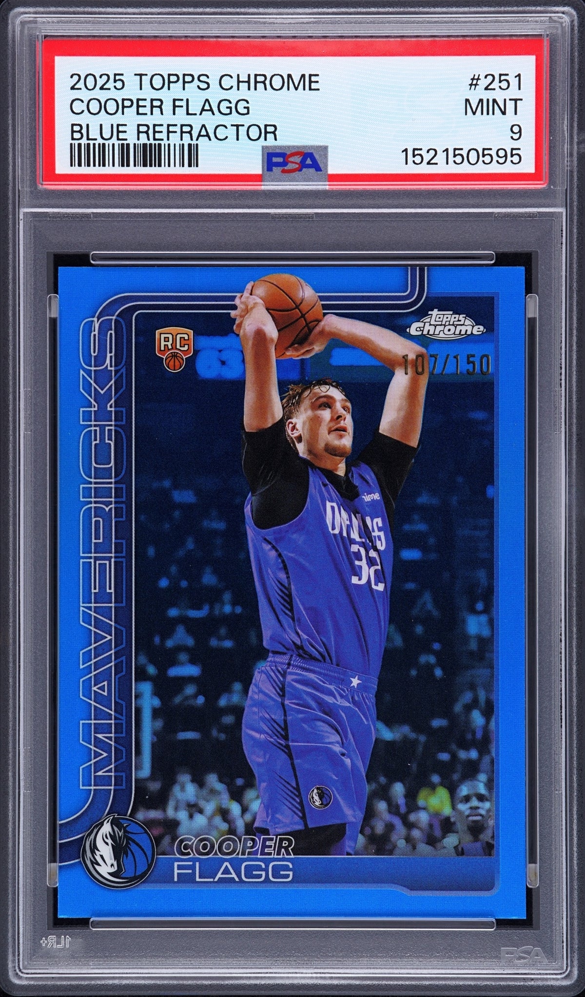 2025-26 Topps Chrome Cooper Flagg Blue Refractor 107/150 Rookie Mavericks PSA 9