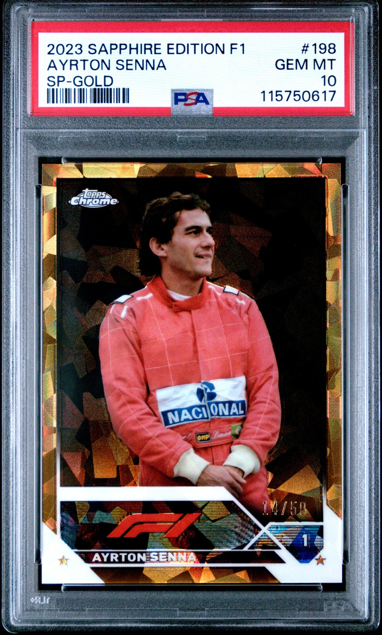 2023 Topps Chrome Sapphire Formula 1 Ayrton Senna SP Gold 14/50 PSA 10