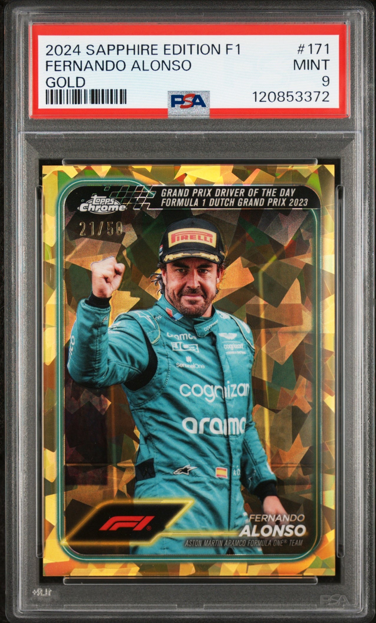 2024 Topps Chrome Sapphire Formula 1 Fernando Alonso Gold Refractor 21/50 PSA 9