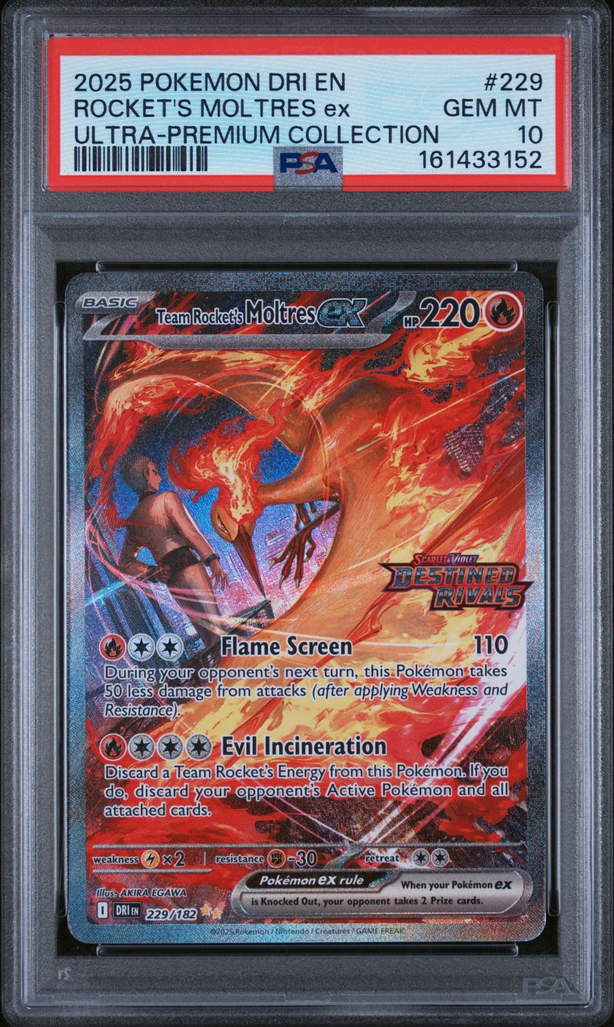 2025 POKEMON DRI EN-DESTINED RIVALS #229 TEAM ROCKET'S MOLTRES EX PSA 10