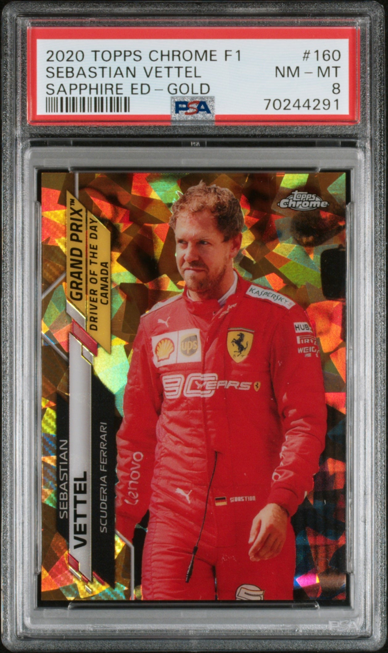 2020 Topps Chrome Sapphire Formula 1 Sebastian Vettel Gold 14/50 PSA 8