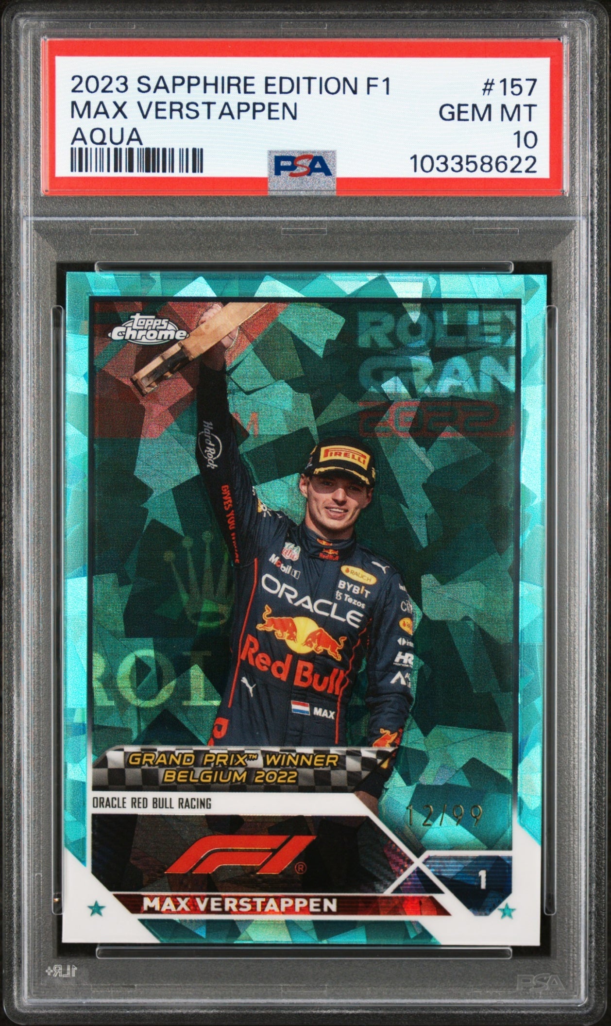 2023 Topps Chrome Sapphire Formula 1 Max Verstappen Aqua 12/99 PSA 10
