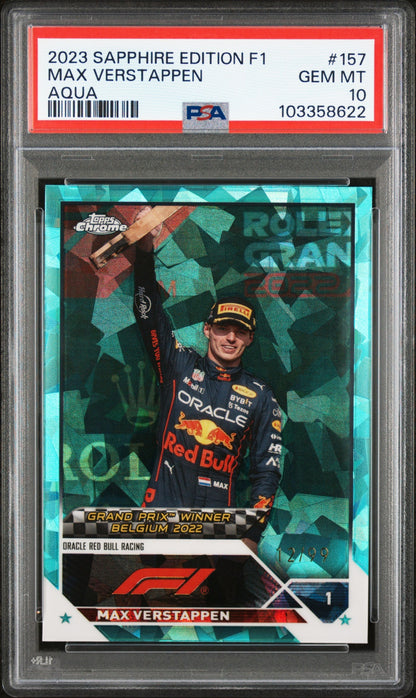 2023 Topps Chrome Sapphire Formula 1 Max Verstappen Aqua 12/99 PSA 10